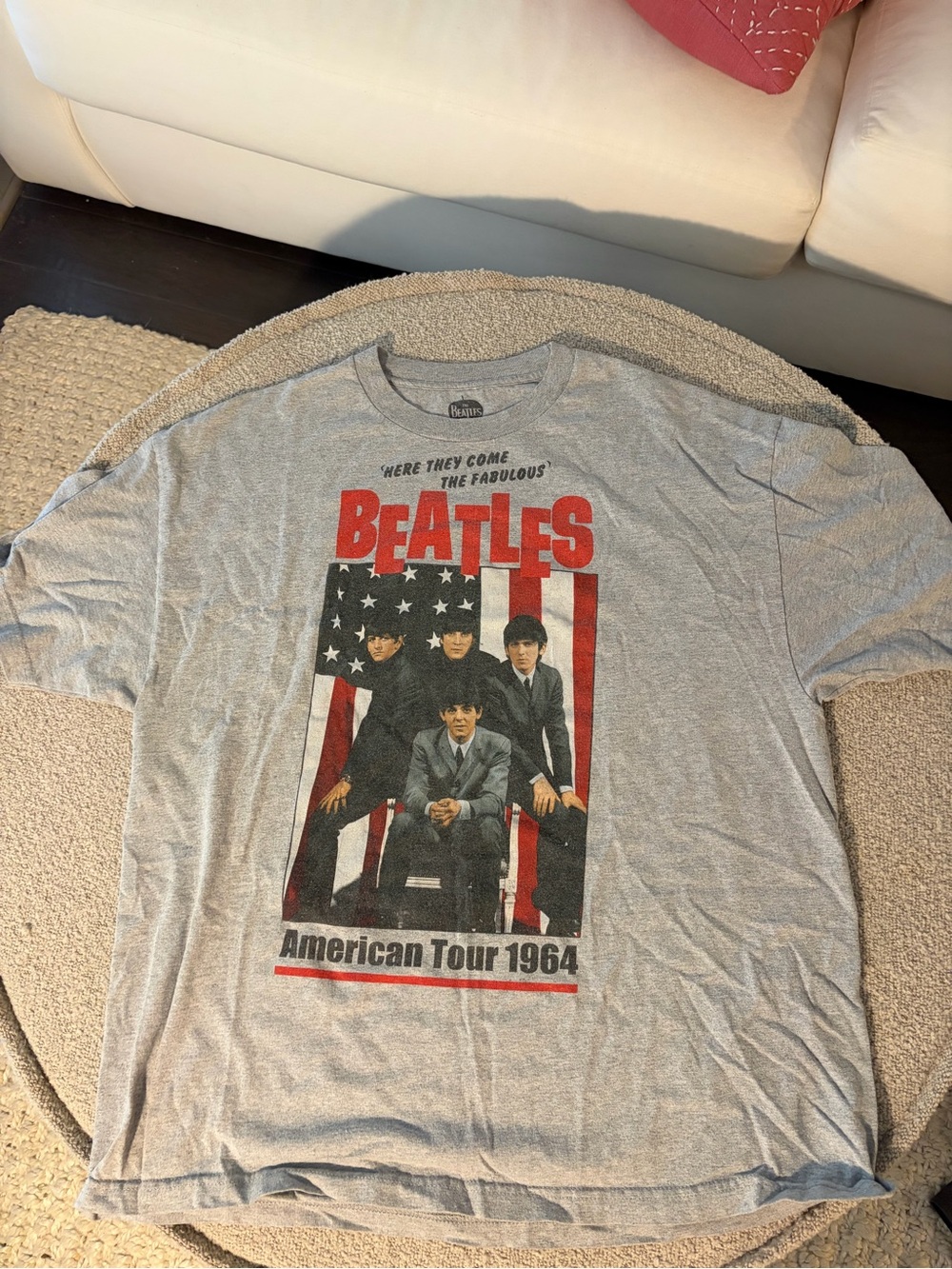 The Beatles Gray T‑Shirt with Red Logo and American Flag Graphic